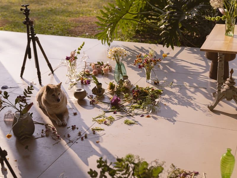 Studio BTS with flowers.