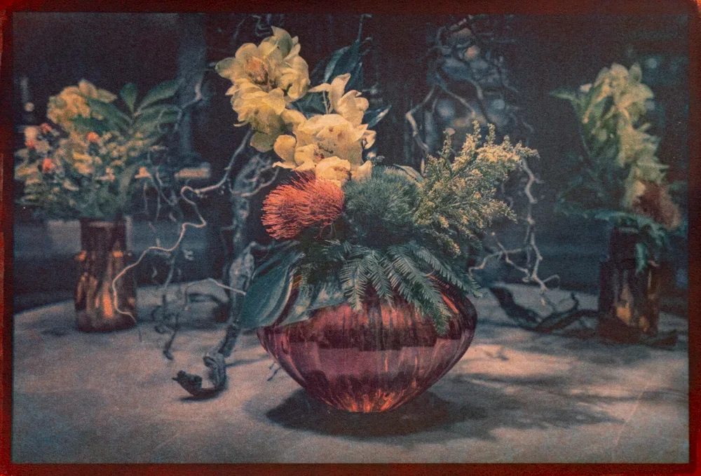 1- Flowers in Scarlet Vase. Tricolor Gum over Cyanotype. Unique print